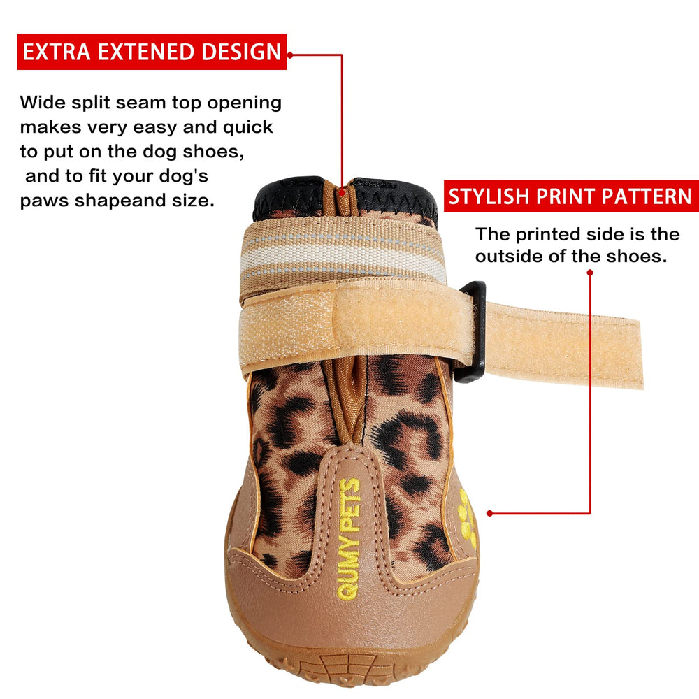 QUMY dog shoes side view demonstrates adjustable straps for secure fit and visibility.