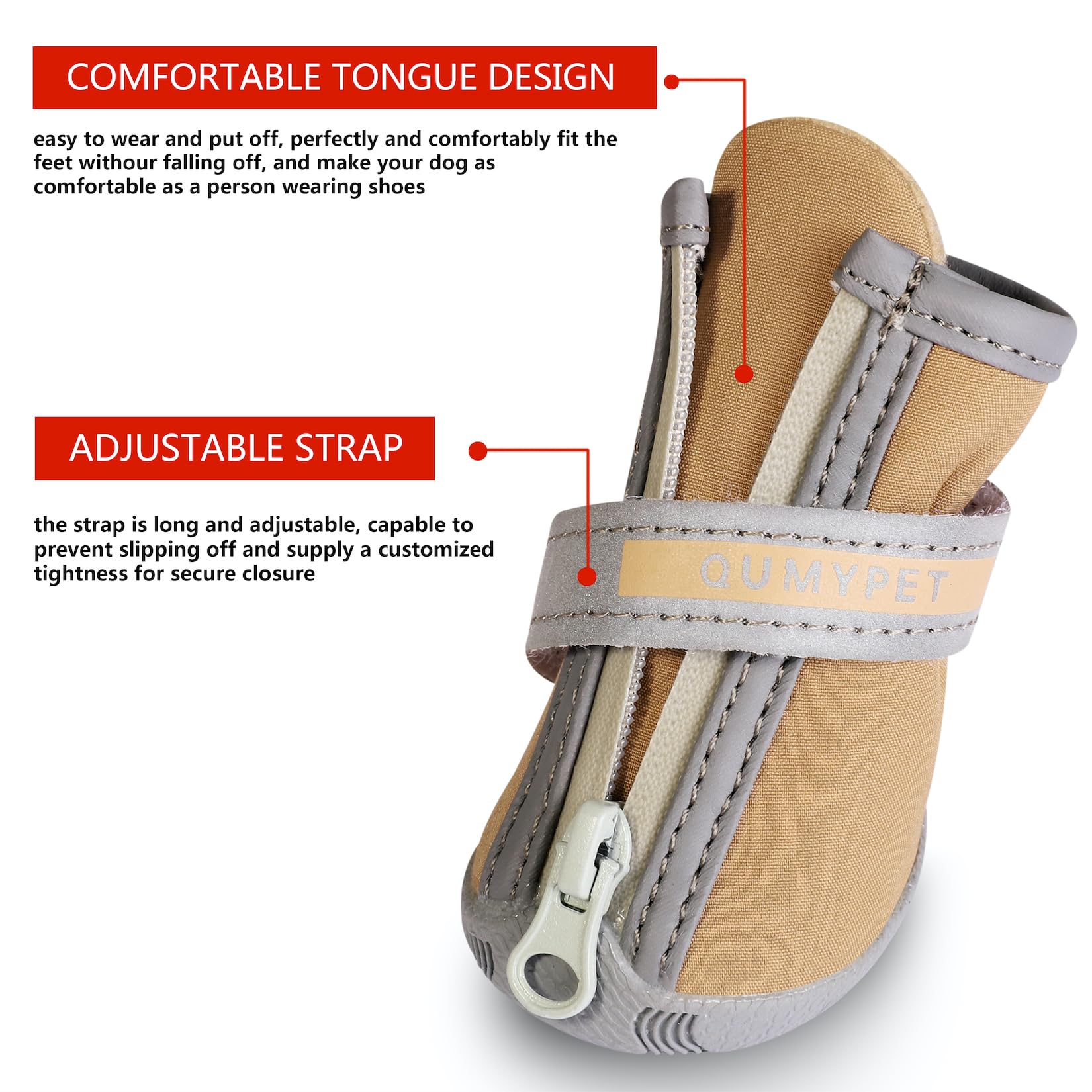QUMY dog shoes skid-resistant-soles ideal for slippery hardwood floors.