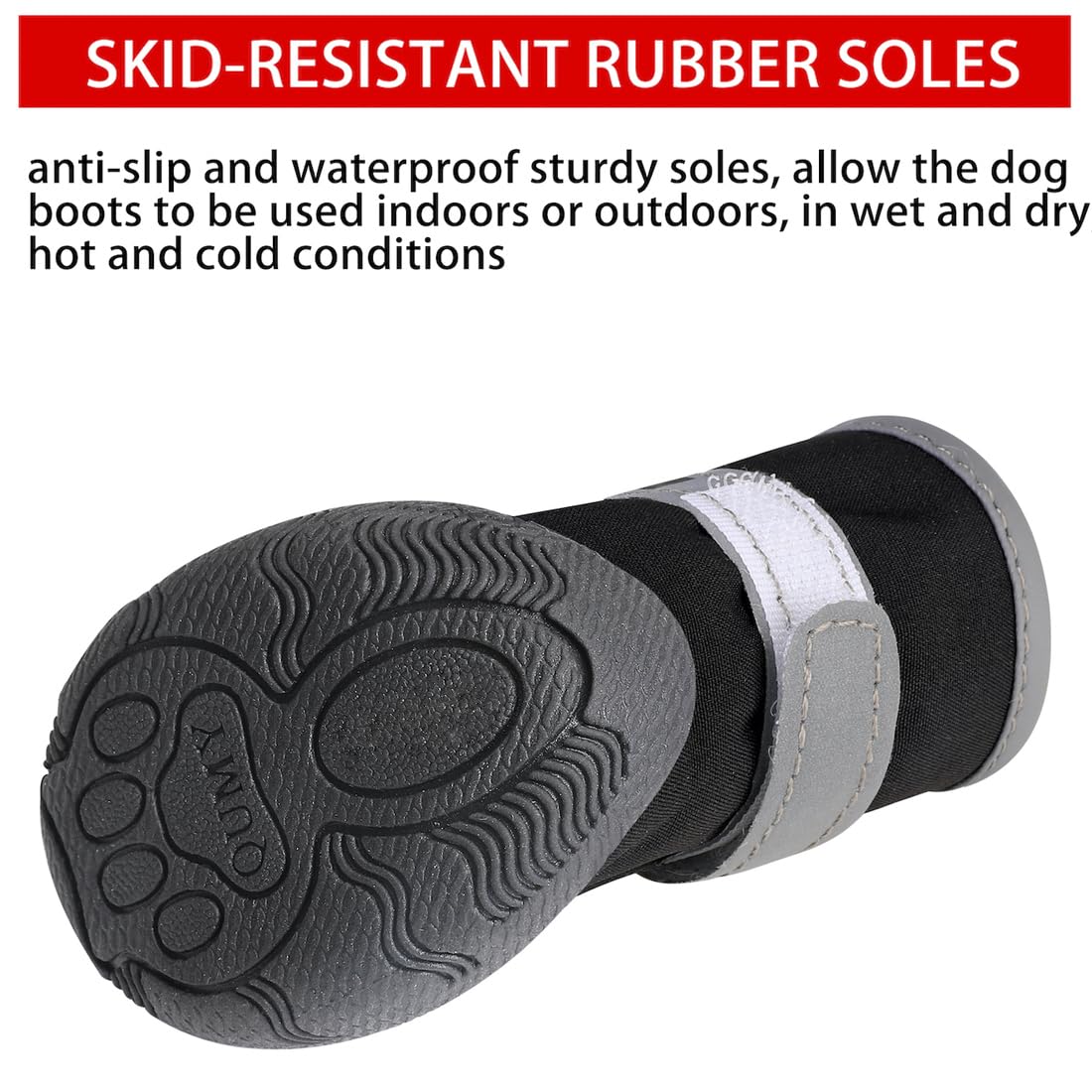 QUMY dog shoes skid-resistant sole enhances traction on pavement.