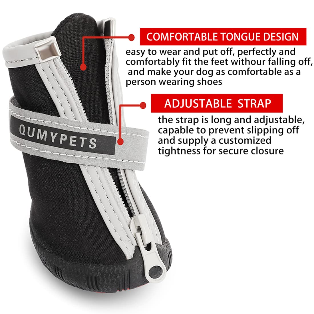 QUMY dog shoes waterproof material keeps paws dry in rain.