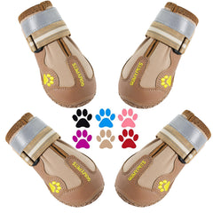 QUMY dog shoes show wide opening and adjustable strap for easy on/off.