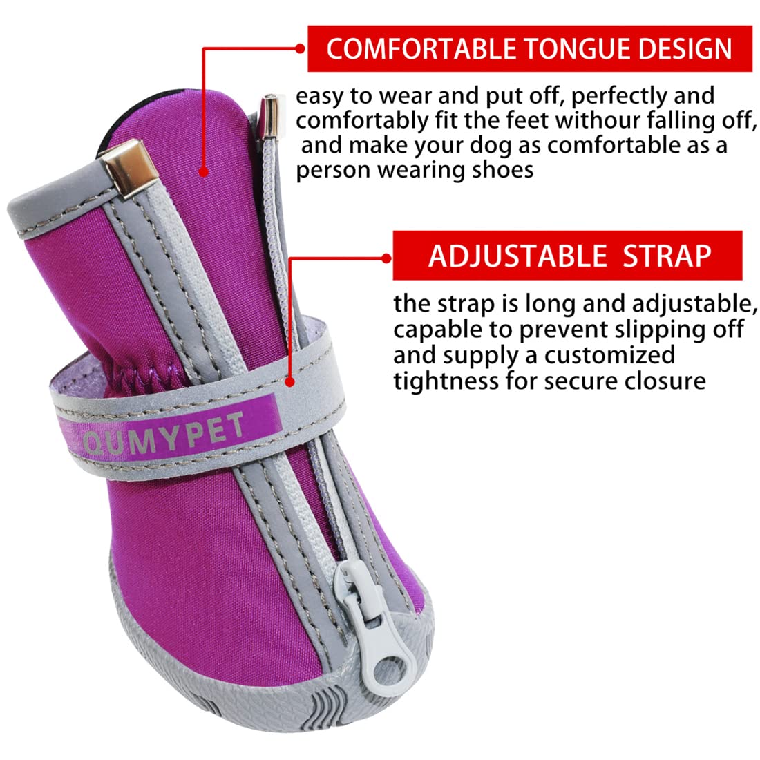 QUMY dog shoes show zip and strap closure for easy on/off.