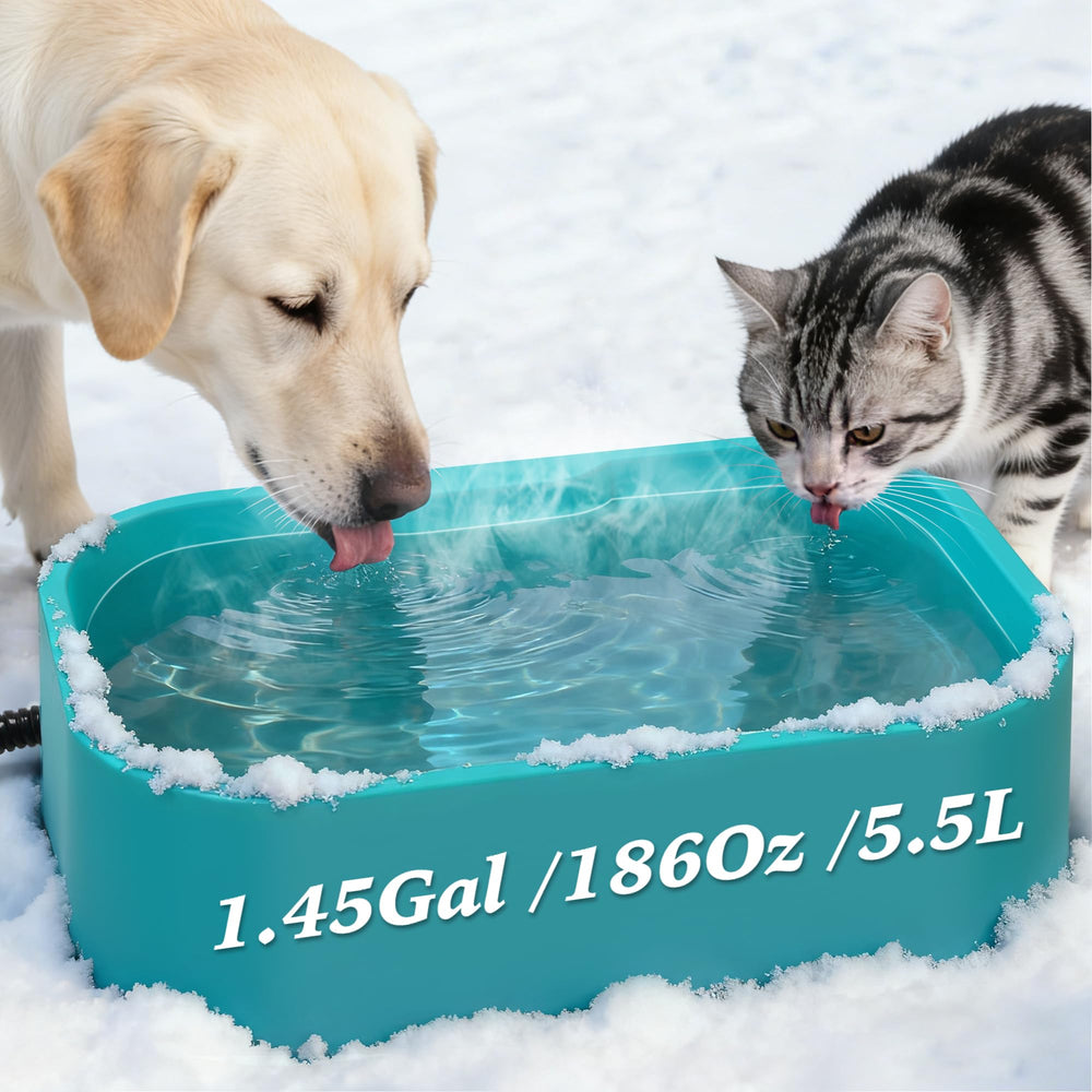 Qvamodo heated water bowl blue exterior shows all-day warmth for outdoor pets.