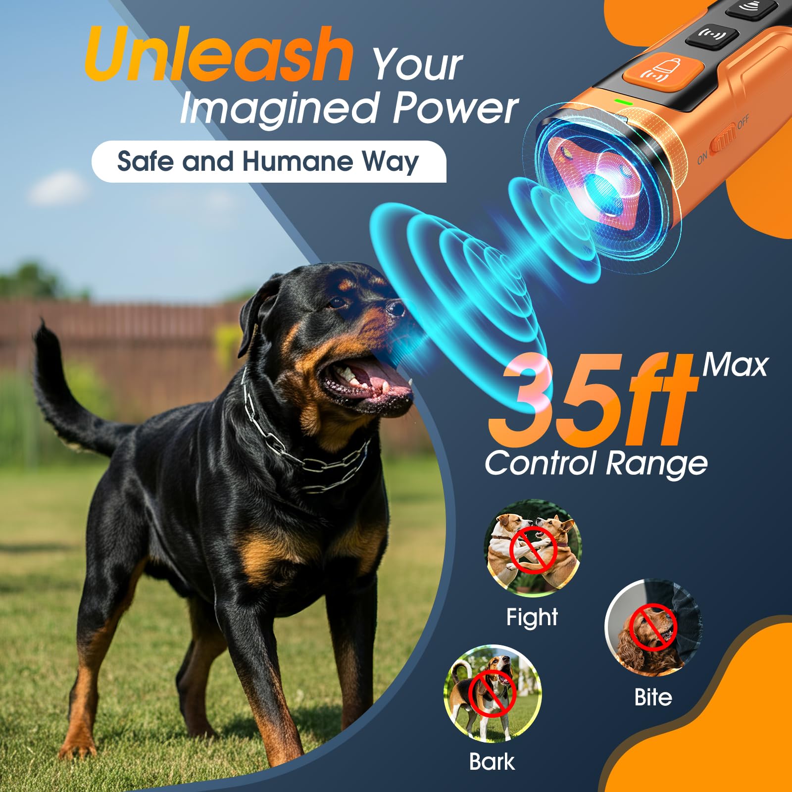 QVNNVQ ultrasonic training device held in hand for on-the-go dog training.