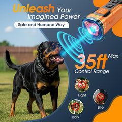 QVNNVQ ultrasonic training device held in hand for on-the-go dog training.