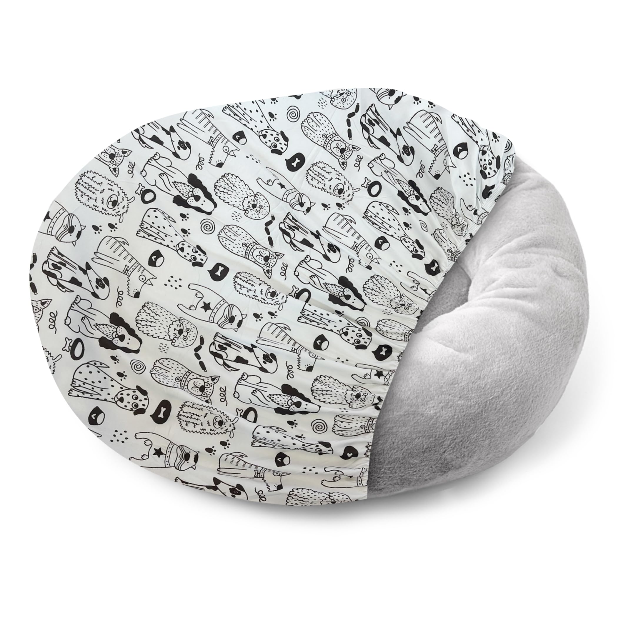 Qwazy Cupcake round dog bed cover opened to reveal soft, easy-clean fabric.