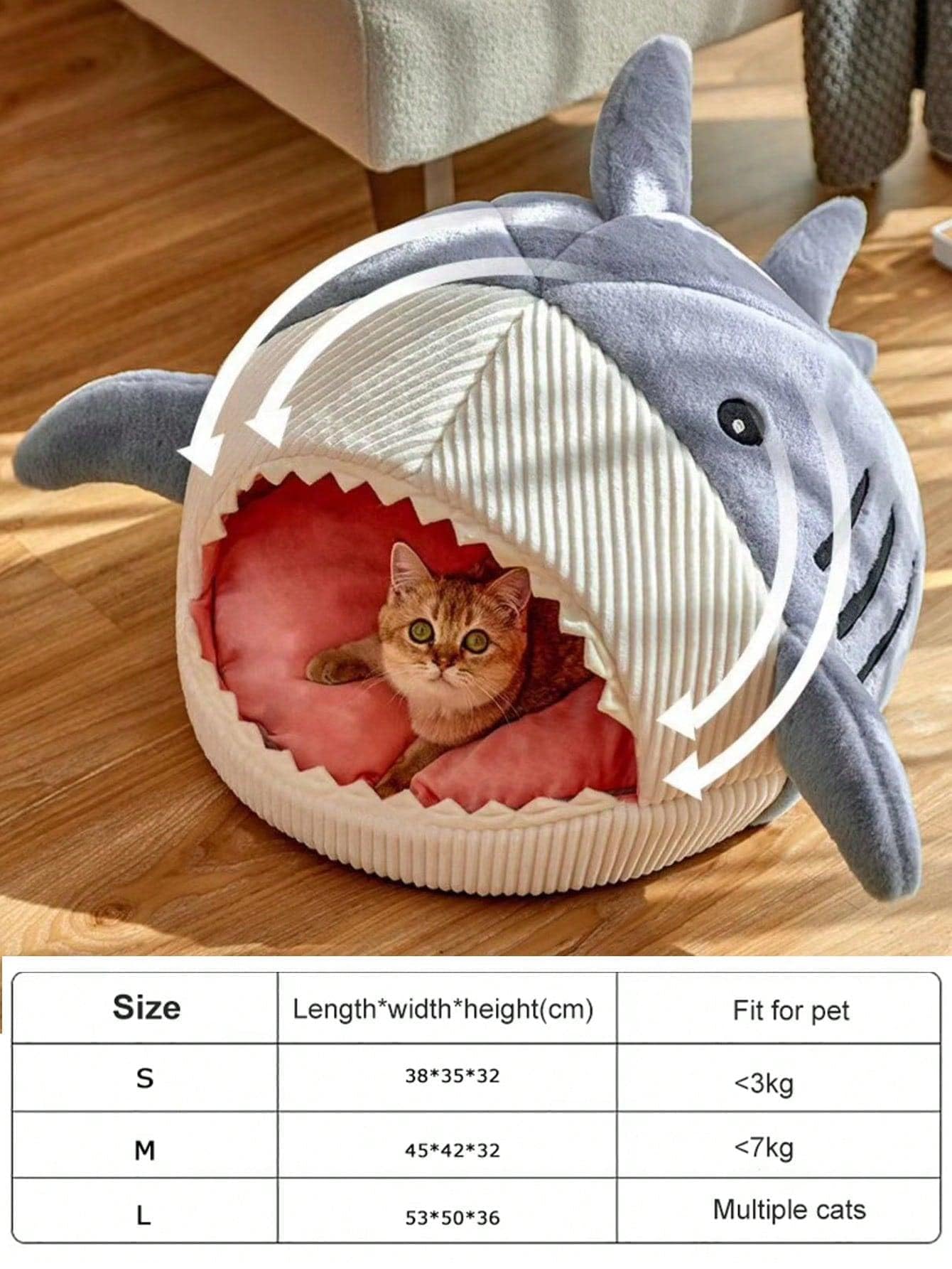 QWINEE Shark-Shaped Cat Mat packaging suggests gift-ready, cozy shelter.