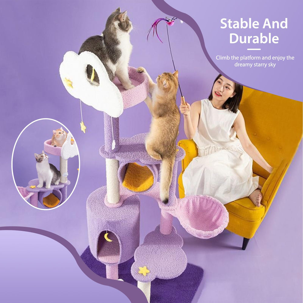 QWJORV 67inch cat tree pillars provide strong support for tall climbing sessions.