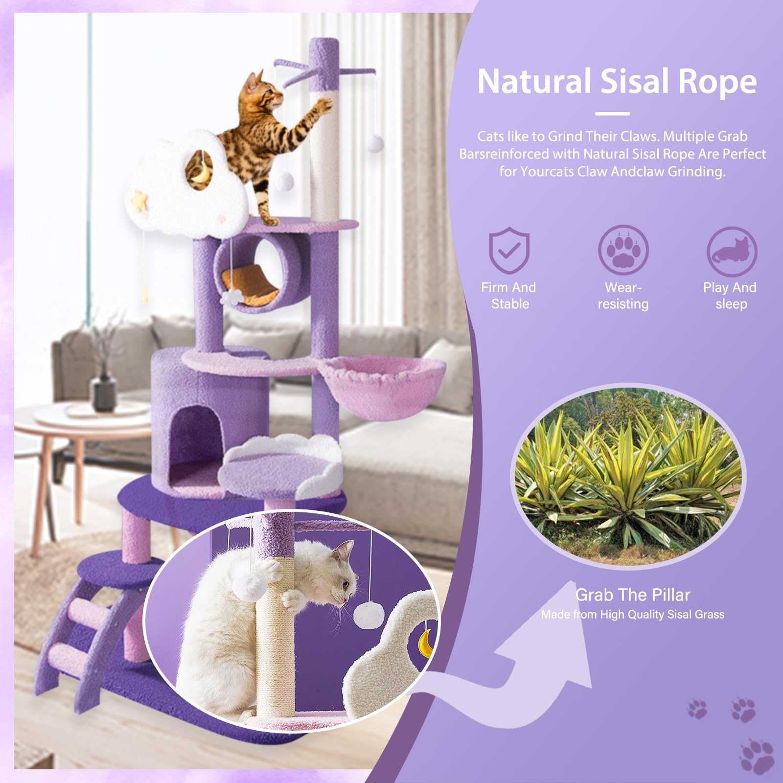QWJORV 67inch cat tree plush platforms offer cozy resting spots after activity.