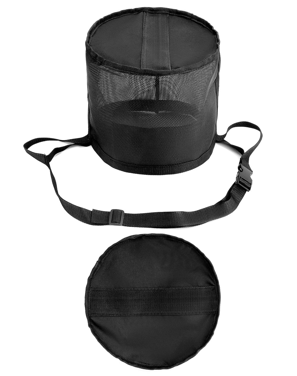 QWORK adjustable-strap feed bag demonstrates secure fit during horseback riding.