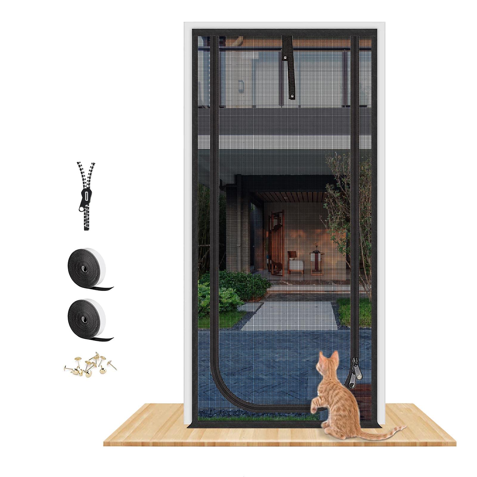 QWR reinforced cat screen door shows a precise fit for 34x81 openings, easing pet access.