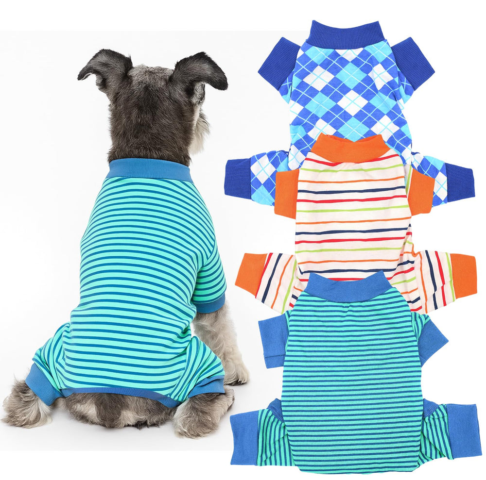 Qxqyon 3-pack dog pajamas striped pattern provides cozy, breathable sleepwear for small dogs.