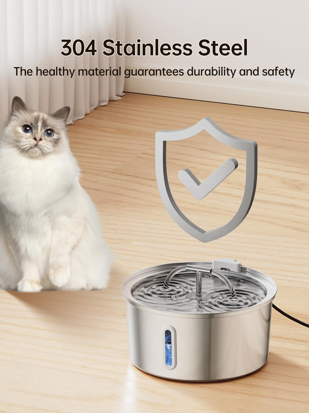 Qzkragt stainless-steel pet fountain wide bowl accommodates multiple pets.
