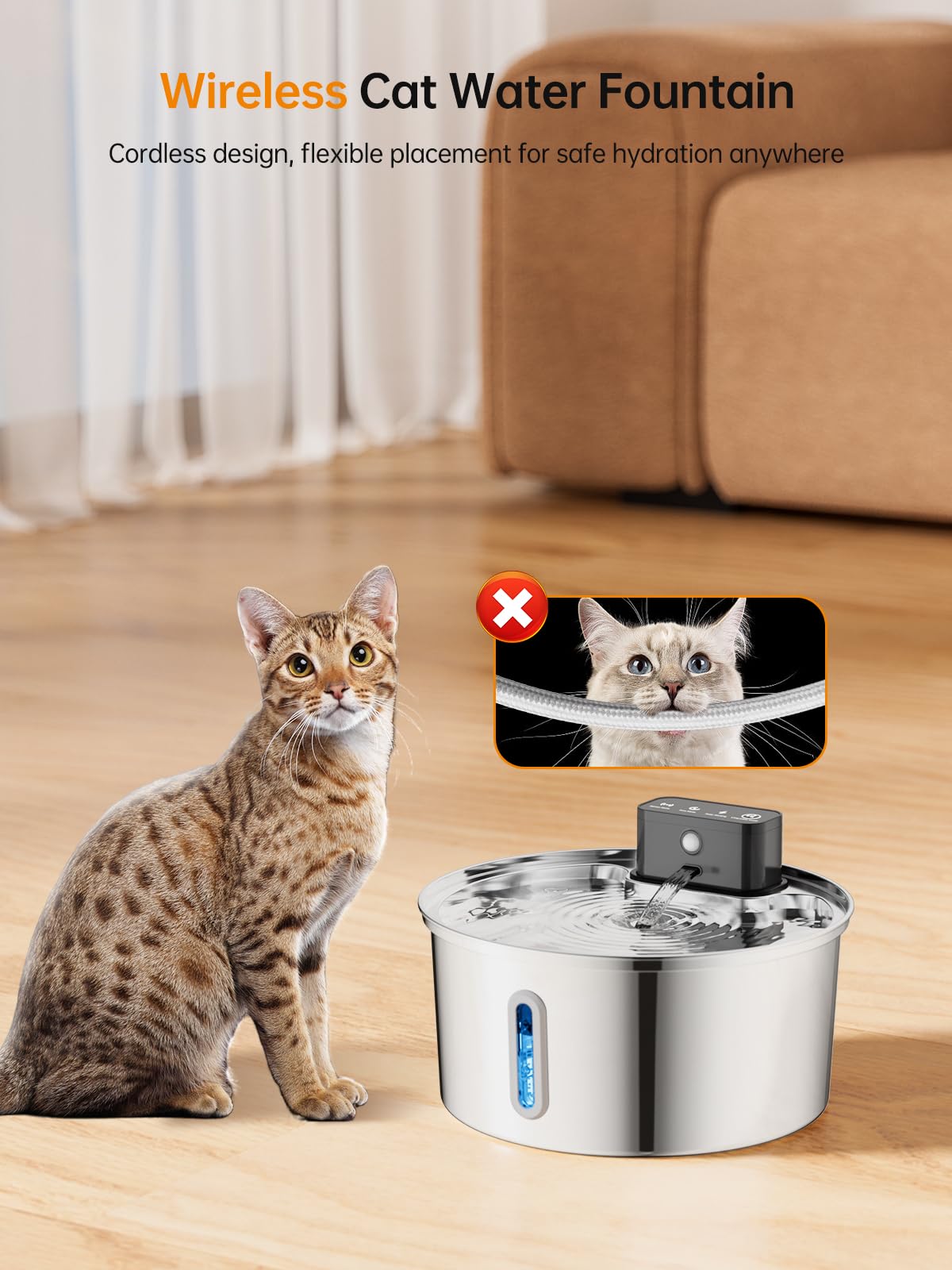 Qzkragt Wireless Cat Water Fountain cordless design enables flexible placement and safer corners.