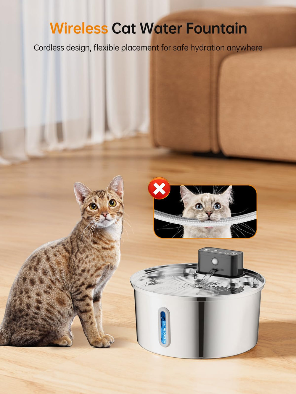 Qzkragt Wireless Cat Water Fountain cordless design enables flexible placement and safer corners.