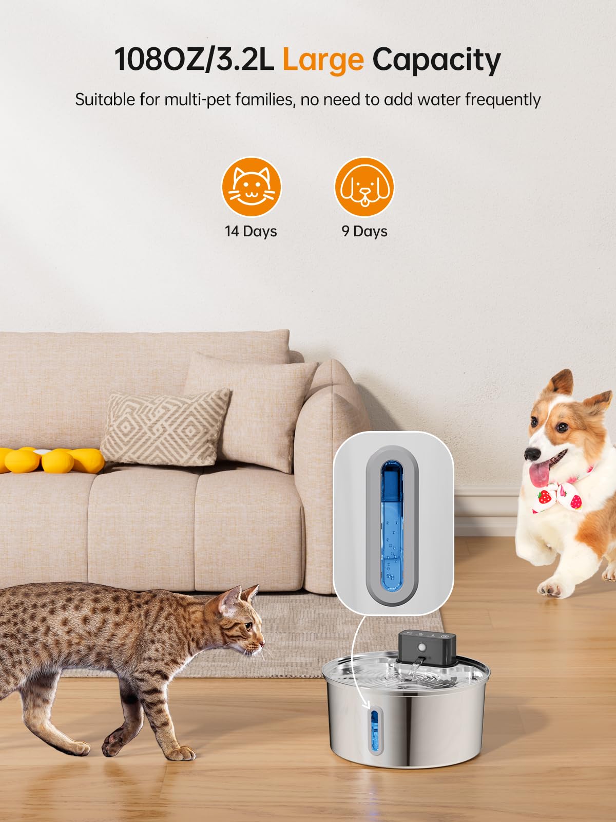 Qzkragt Wireless Cat Water Fountain motion sensor activates water when a cat approaches for convenience.