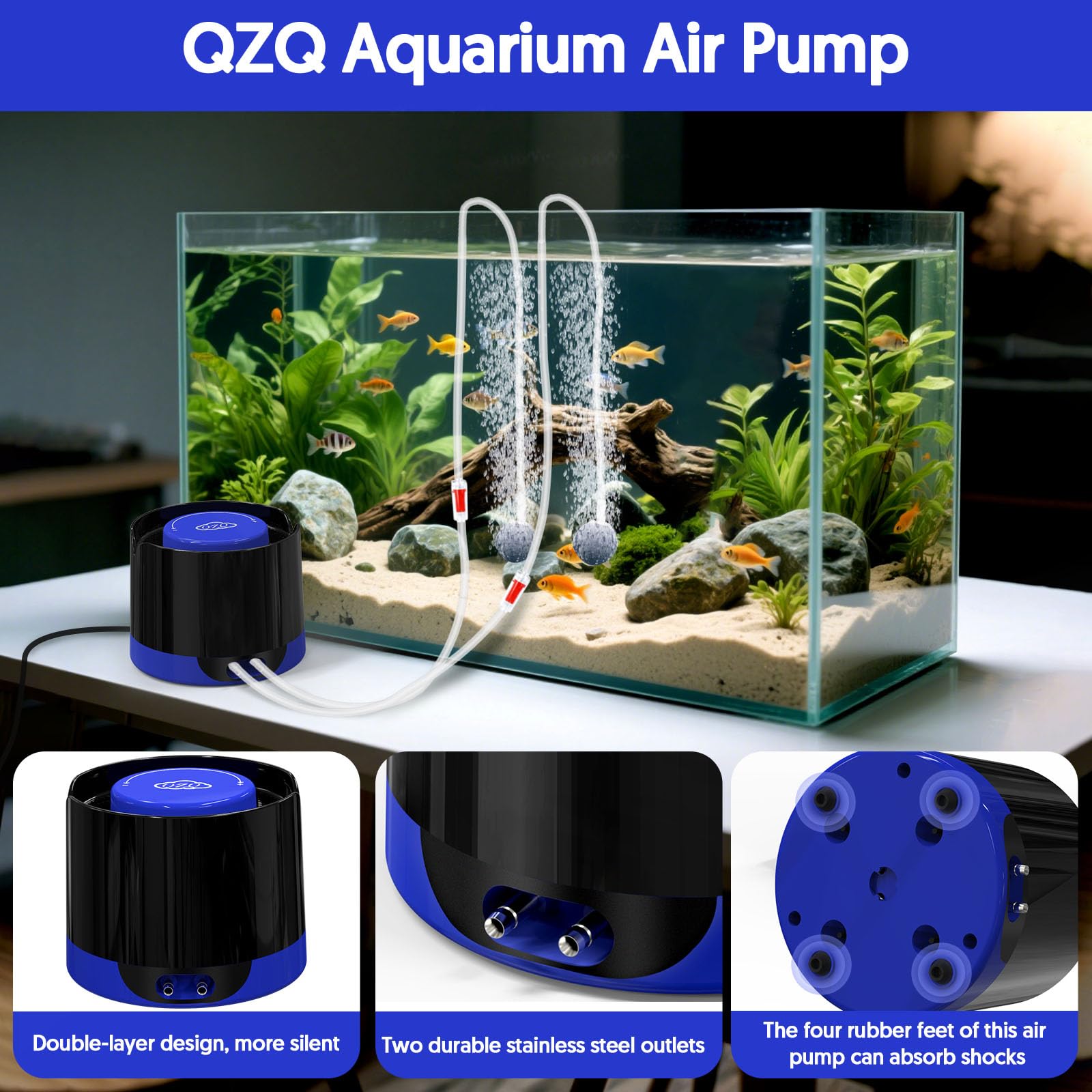 QZQ Aquarium Air Pump dual outlets closeup highlighting aeration capacity