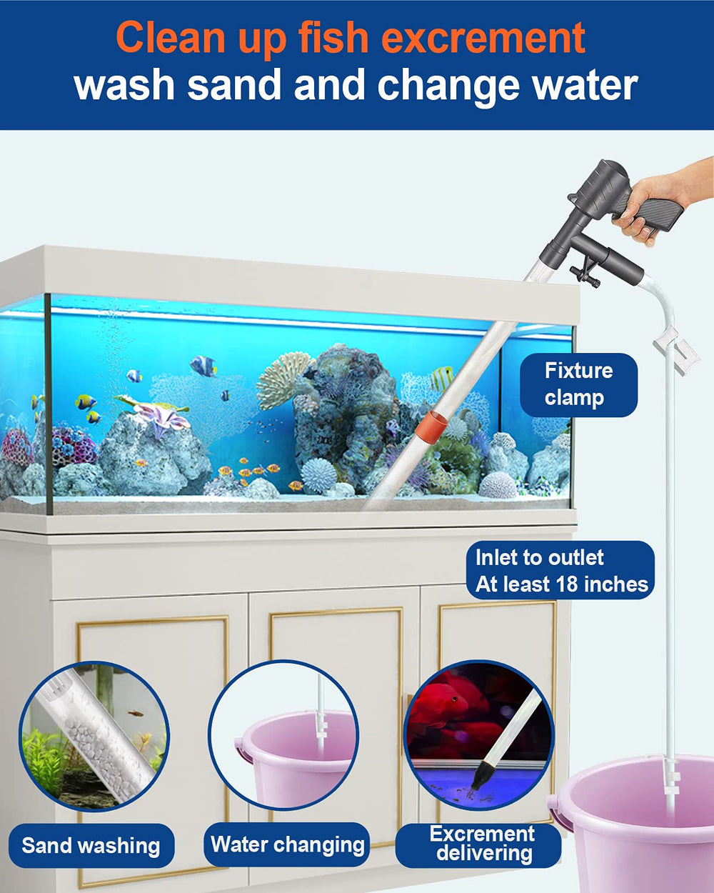 QZQ Aquarium Cleaner siphon-water-flow highlights quiet, electricity-free cleaning