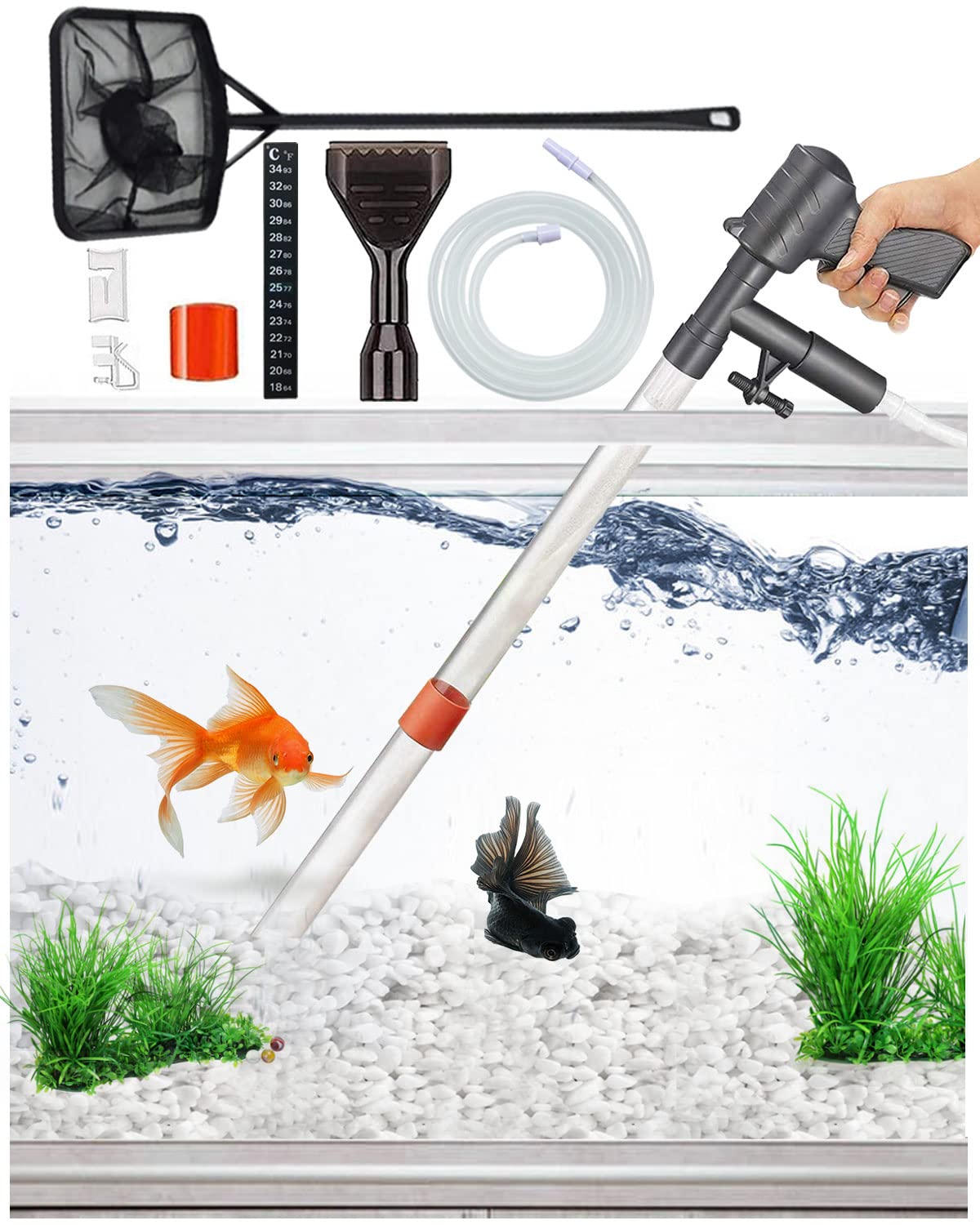 QZQ Aquarium Gravel Cleaner assembly shows easy setup for gravel and sand cleaning