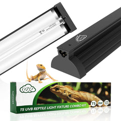 QZQ T5 UVB reptile light fixture in desert basking setup for beardies highlighting natural behavior