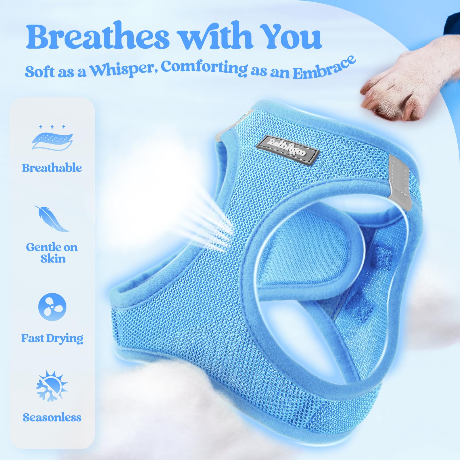 Rabbitgoo breathable mesh harness provides cool comfort during warm outdoor adventures.