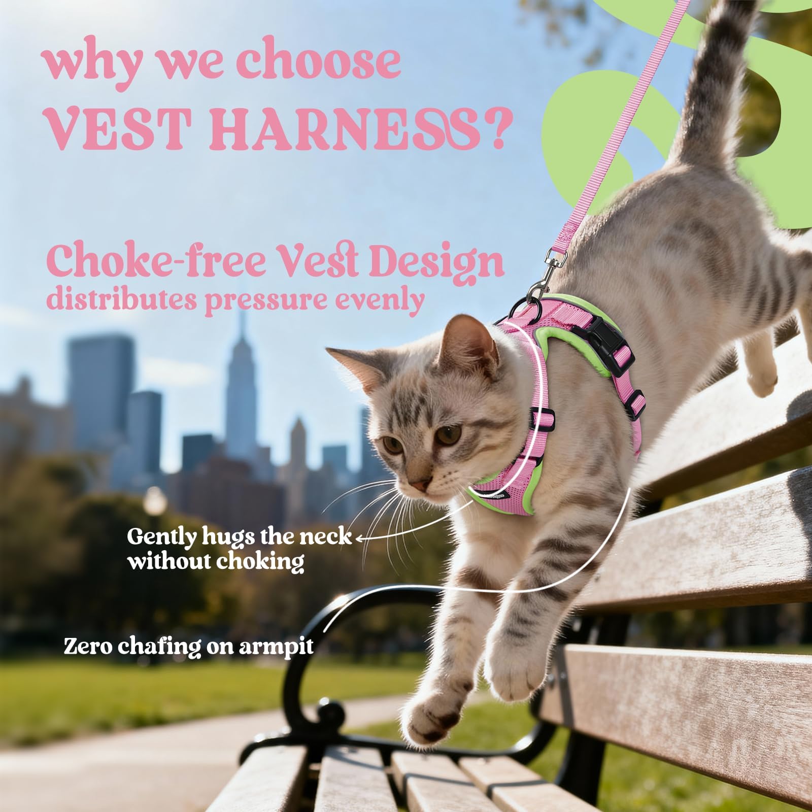 Rabbitgoo cat harness cloud-light air-mesh keeps kitties cool during sunny strolls.