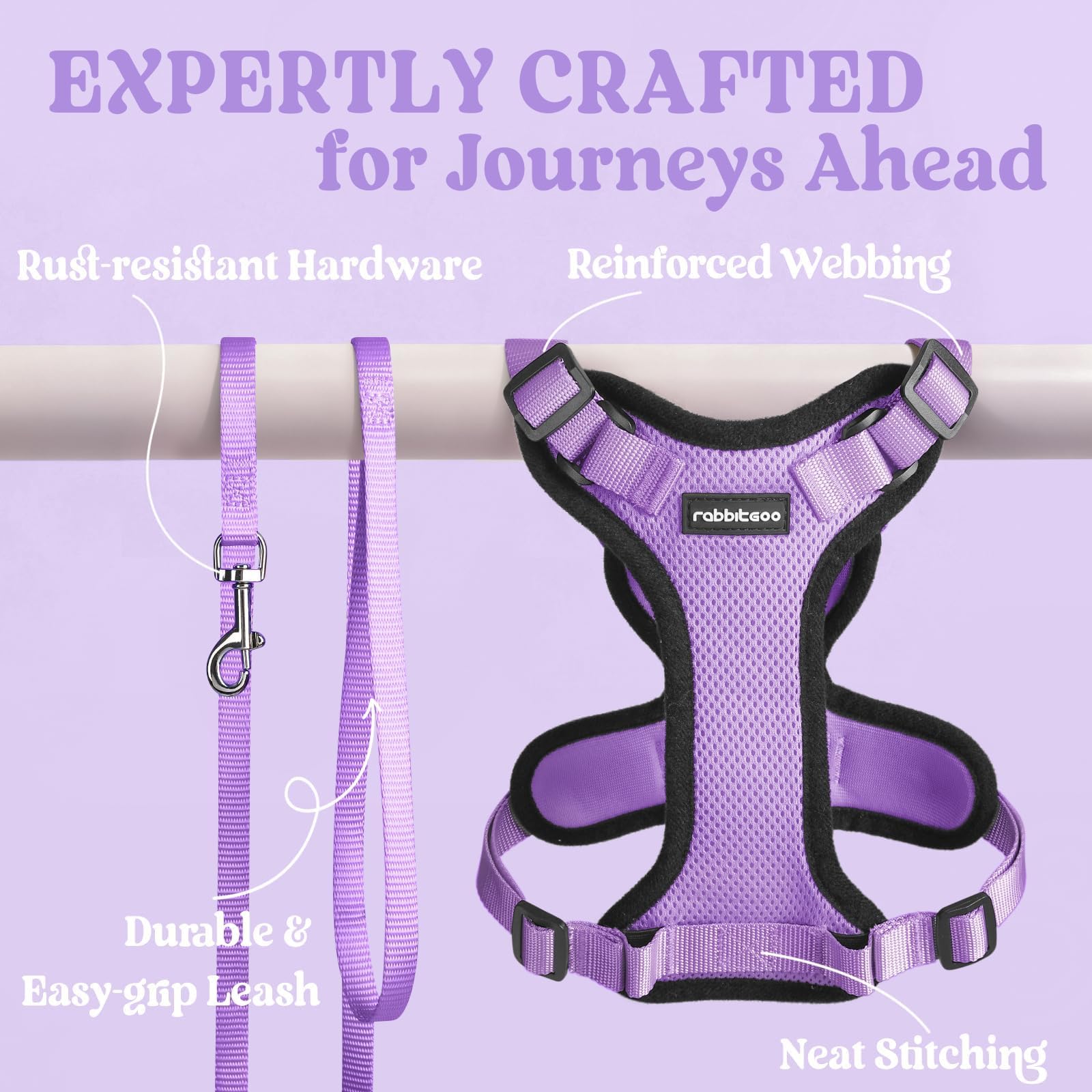 Rabbitgoo light-purple cat harness adds playful style to outings.