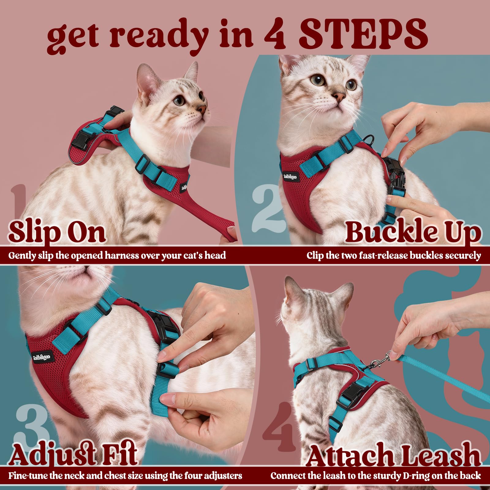 Rabbitgoo cat harness vest-design provides cozy, evenly distributed pressure for exploration