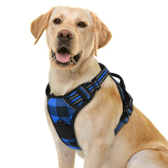 Rabbitgoo no-pull dog harness blue plaid front view for safer daily walks.