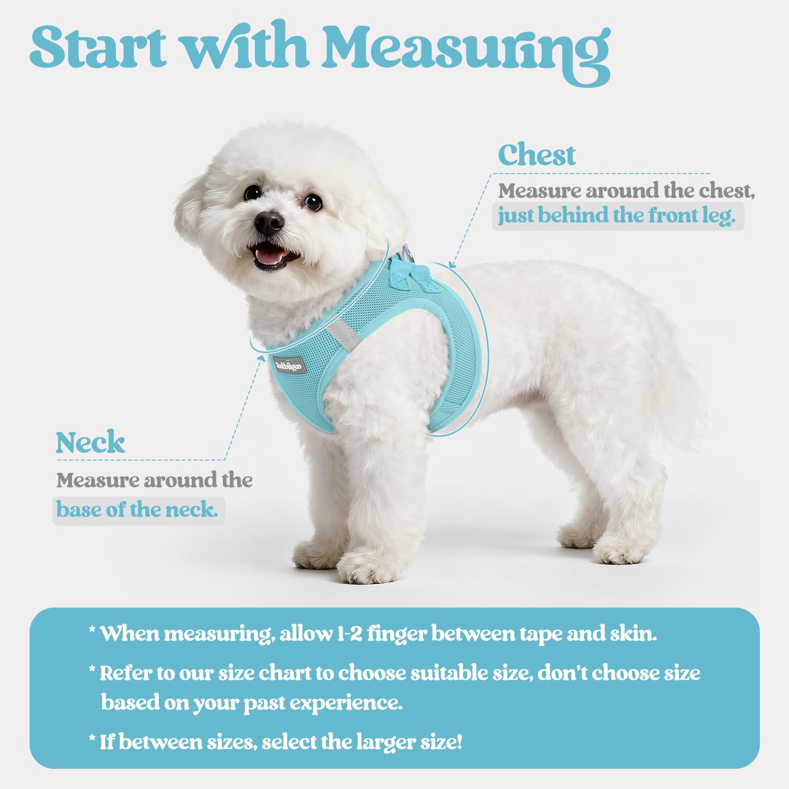 rabbitgoo dog harness mint blue side fit demonstrates adjustable strap for a secure, personalized feel