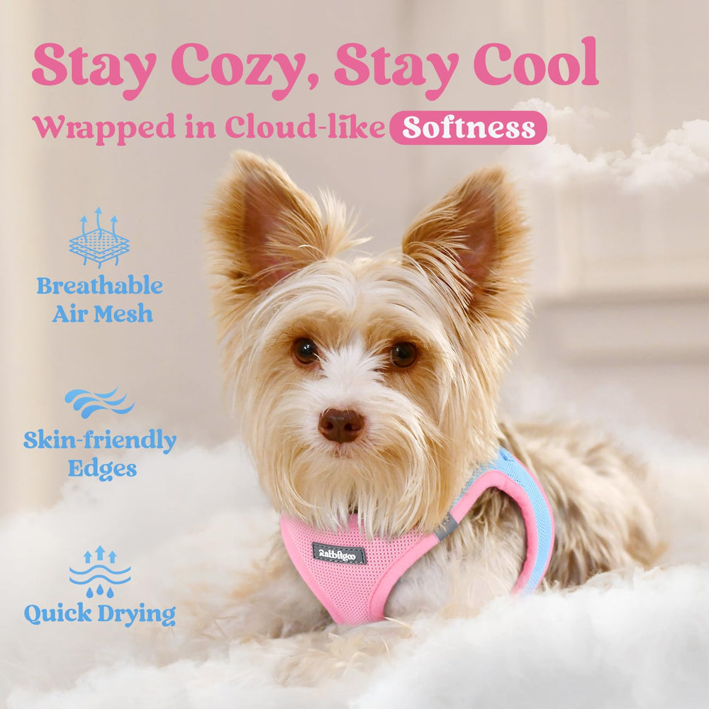 Rabbitgoo small dog harness light pink side view emphasizes gentle comfort during play.