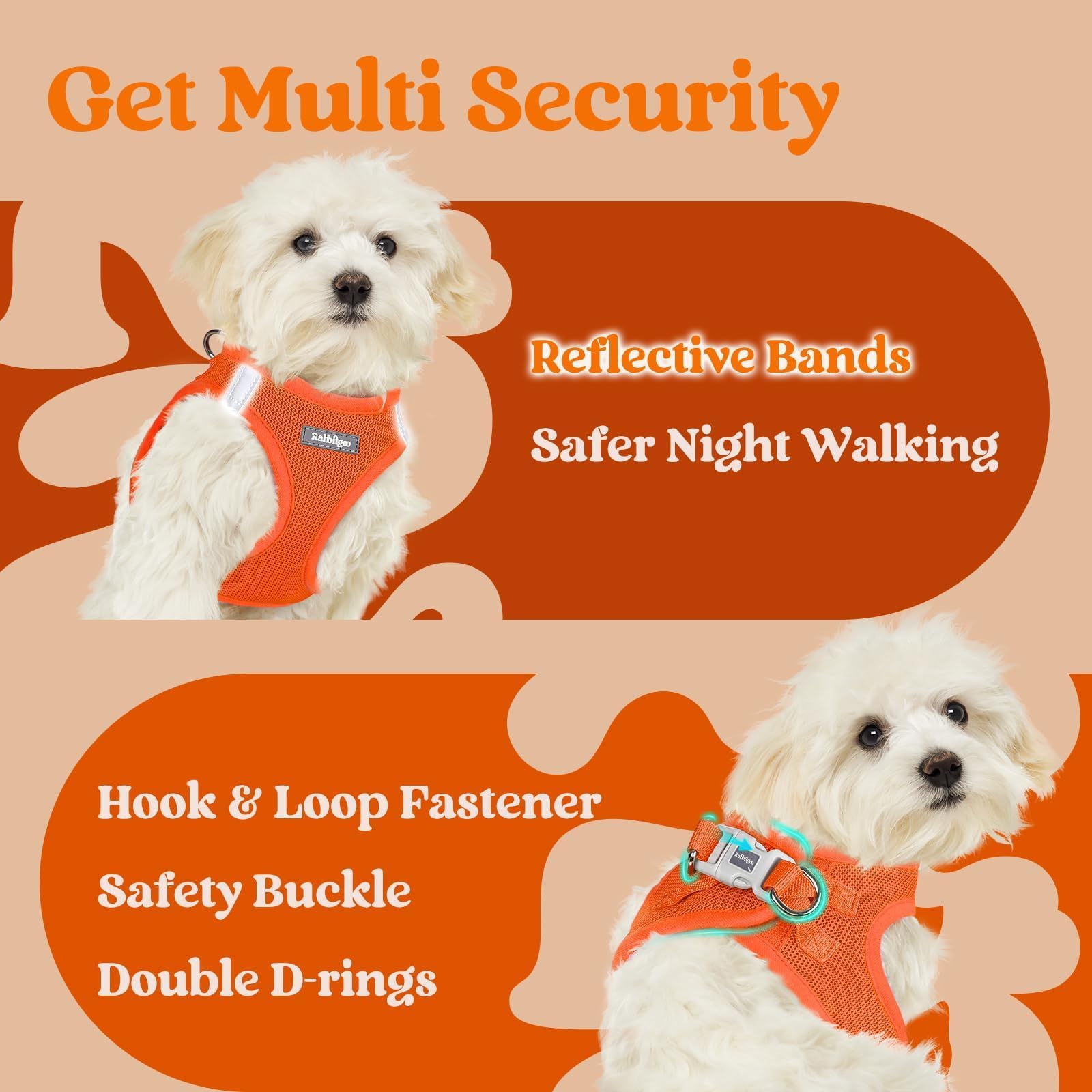 Rabbitgoo XXXS harness night-visibility view emphasizes reflective safety for evening strolls.