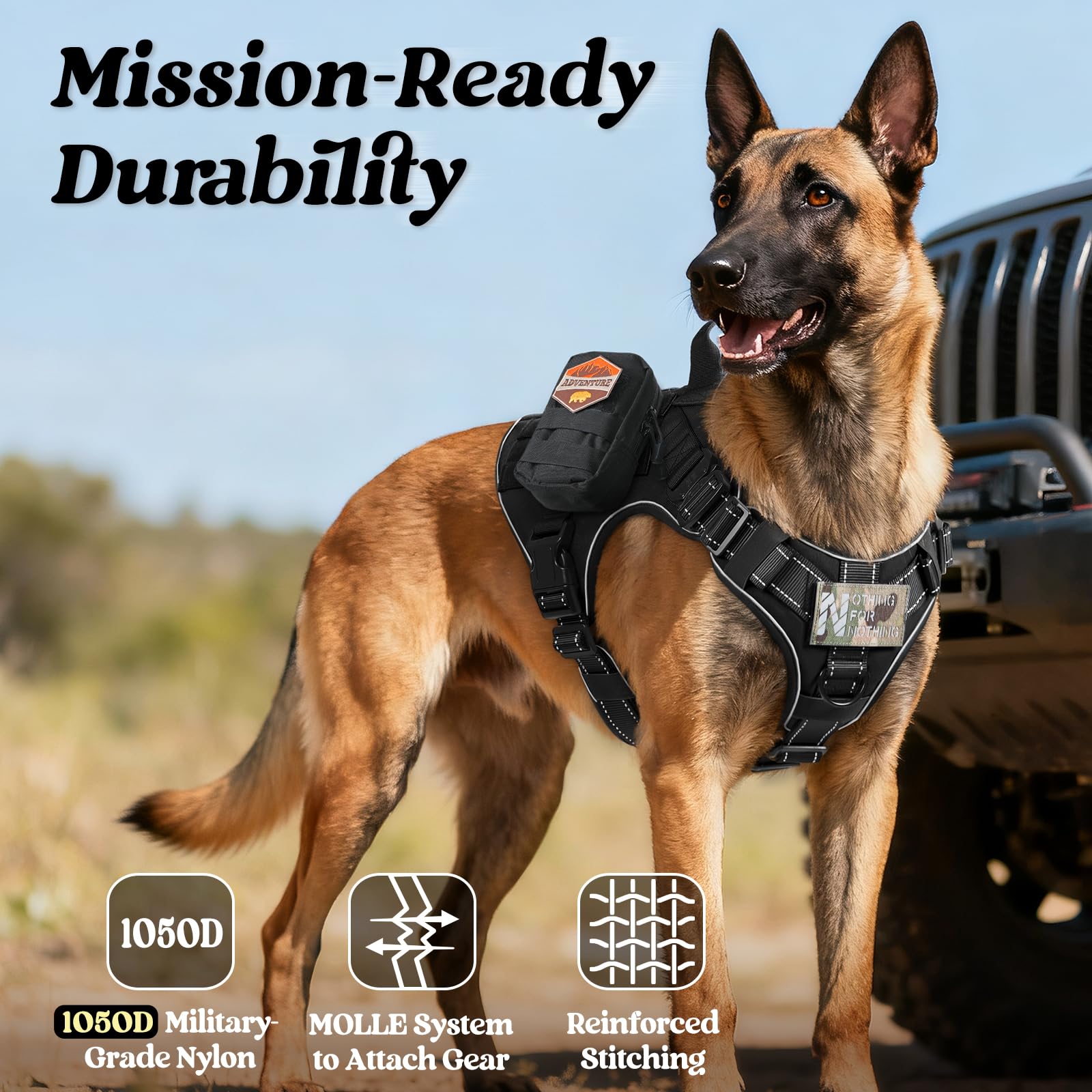 Rabbitgoo 1050D nylon construction ensures durability and chew resistance.