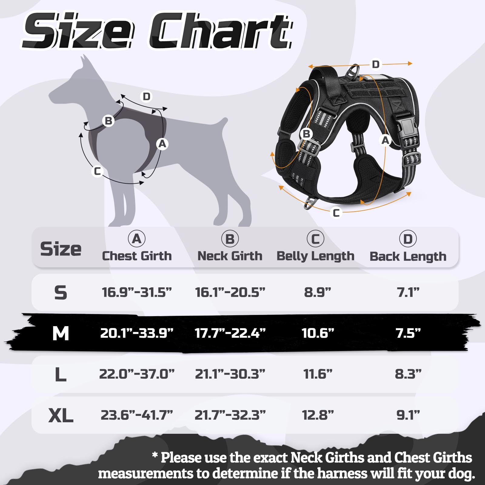 Rabbitgoo Tactical Dog Harness adjustment points highlight four-point fit for comfort.