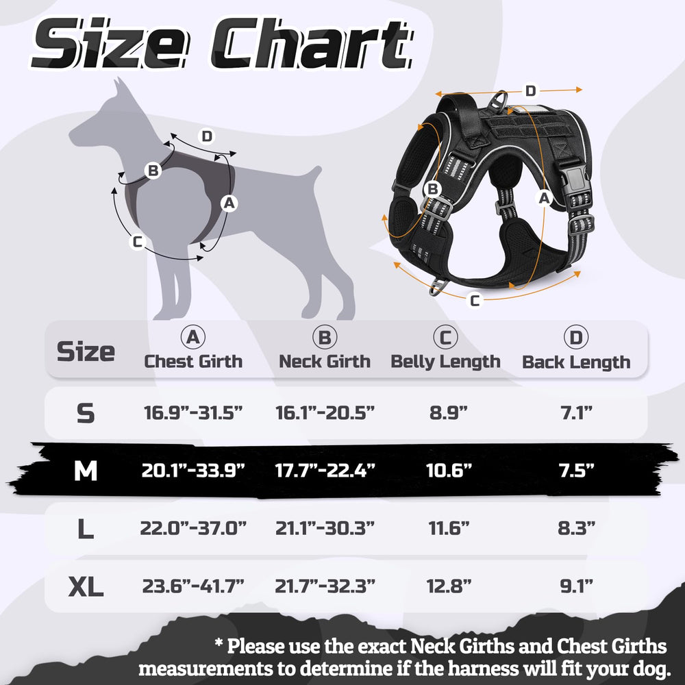 Rabbitgoo Tactical Dog Harness adjustment points highlight four-point fit for comfort.