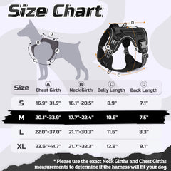 Rabbitgoo Tactical Dog Harness adjustment points highlight four-point fit for comfort.