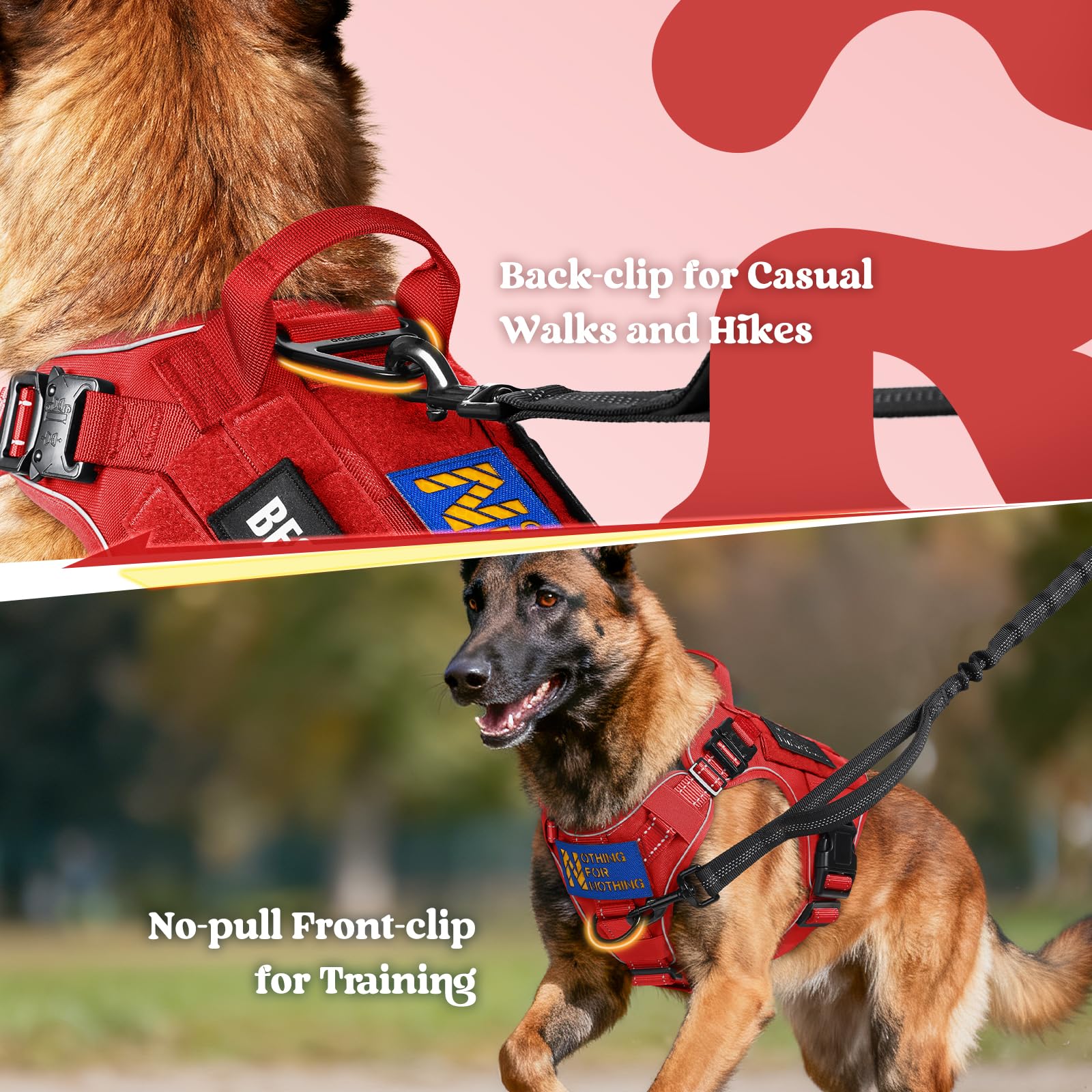 Rabbitgoo tactical dog harness back clip supports comfortable walking.