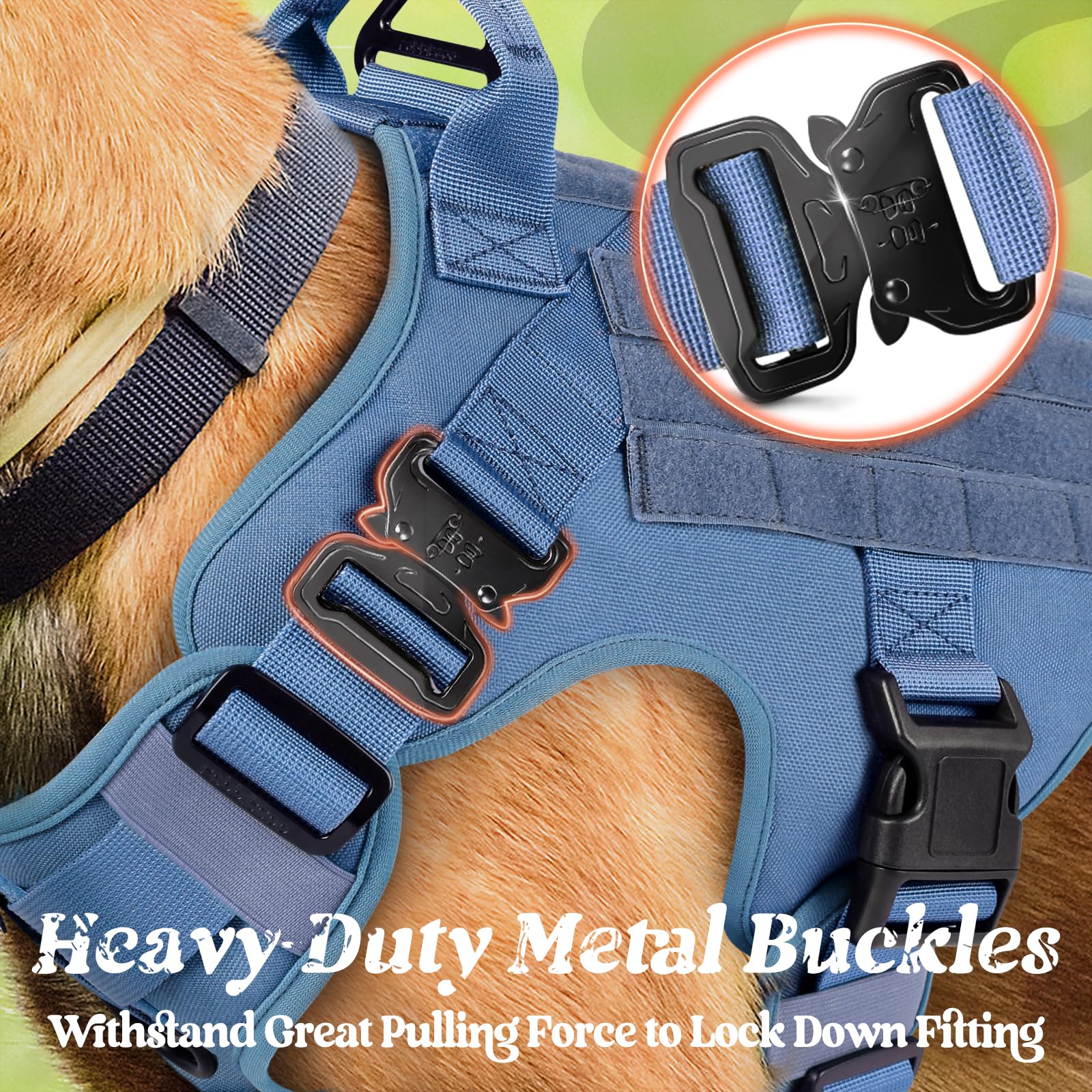 Rabbitgoo tactical dog harness back view highlighting Molle panels for gear.