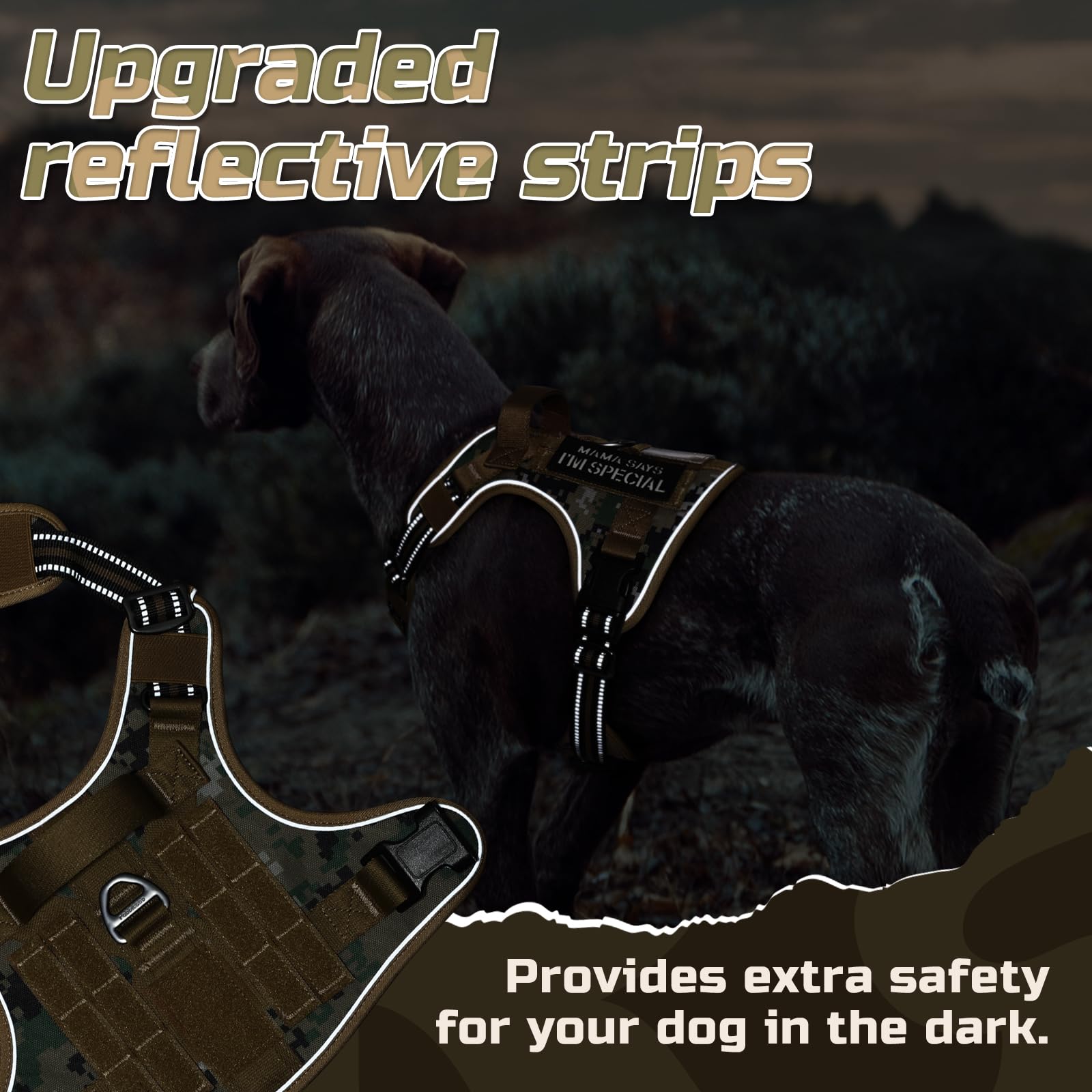 Rabbitgoo Tactical Dog Harness brown-camo-appearance looks rugged for outdoor use.