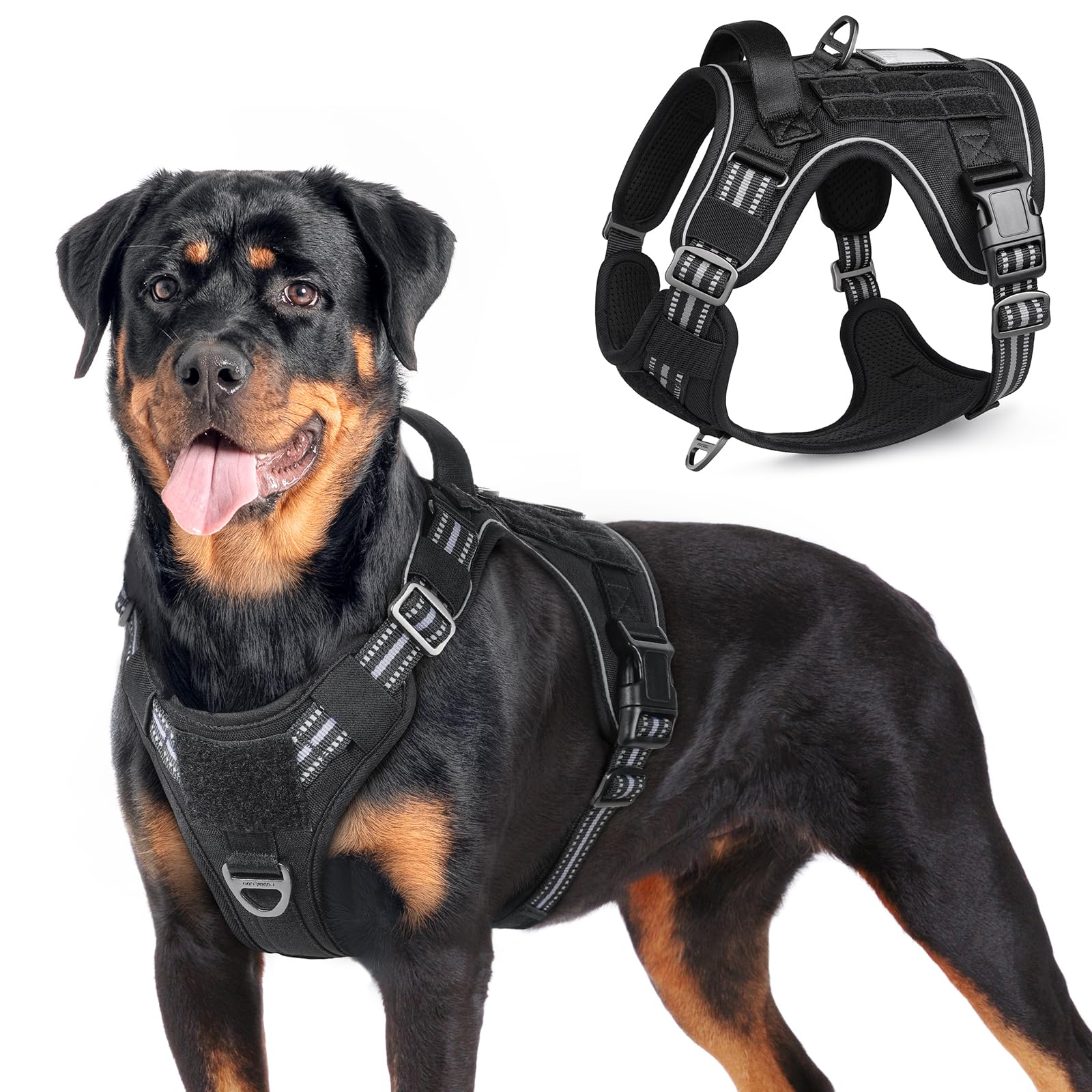Rabbitgoo tactical dog harness chest-fit demonstrates adjustable sizing for German Shepherds and retrievers.