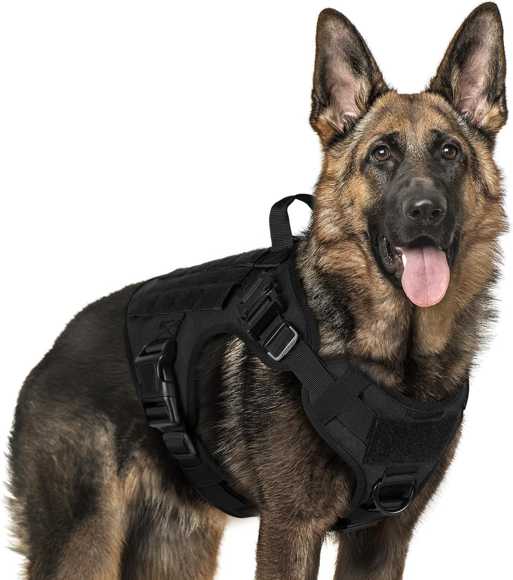 Rabbitgoo tactical dog harness front view highlights adjustable fit for large breeds and control.