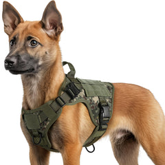 Rabbitgoo tactical dog harness in green camo with front clip for no-pull training.