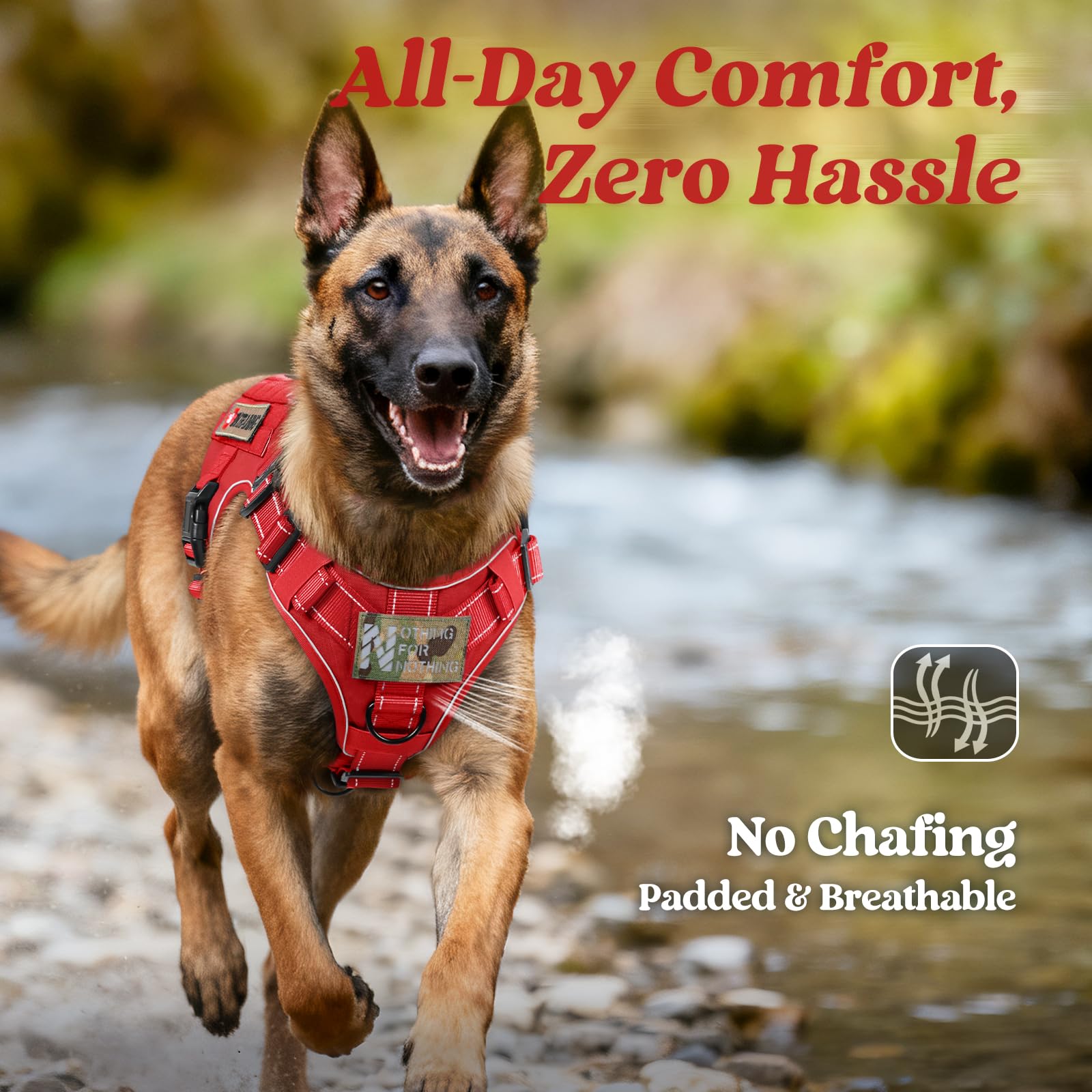Rabbitgoo tactical dog harness padded chest to reduce pressure and chafing.