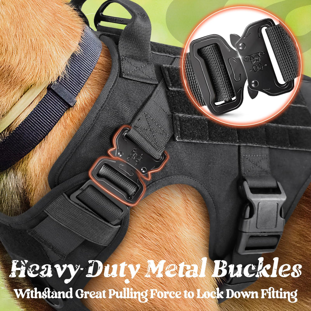 Rabbitgoo tactical dog harness side MOLLE system supports gear pouches and water bottles.