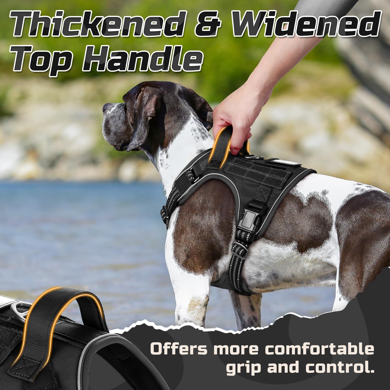 Rabbitgoo Tactical Harness XL reflective trim improves visibility.