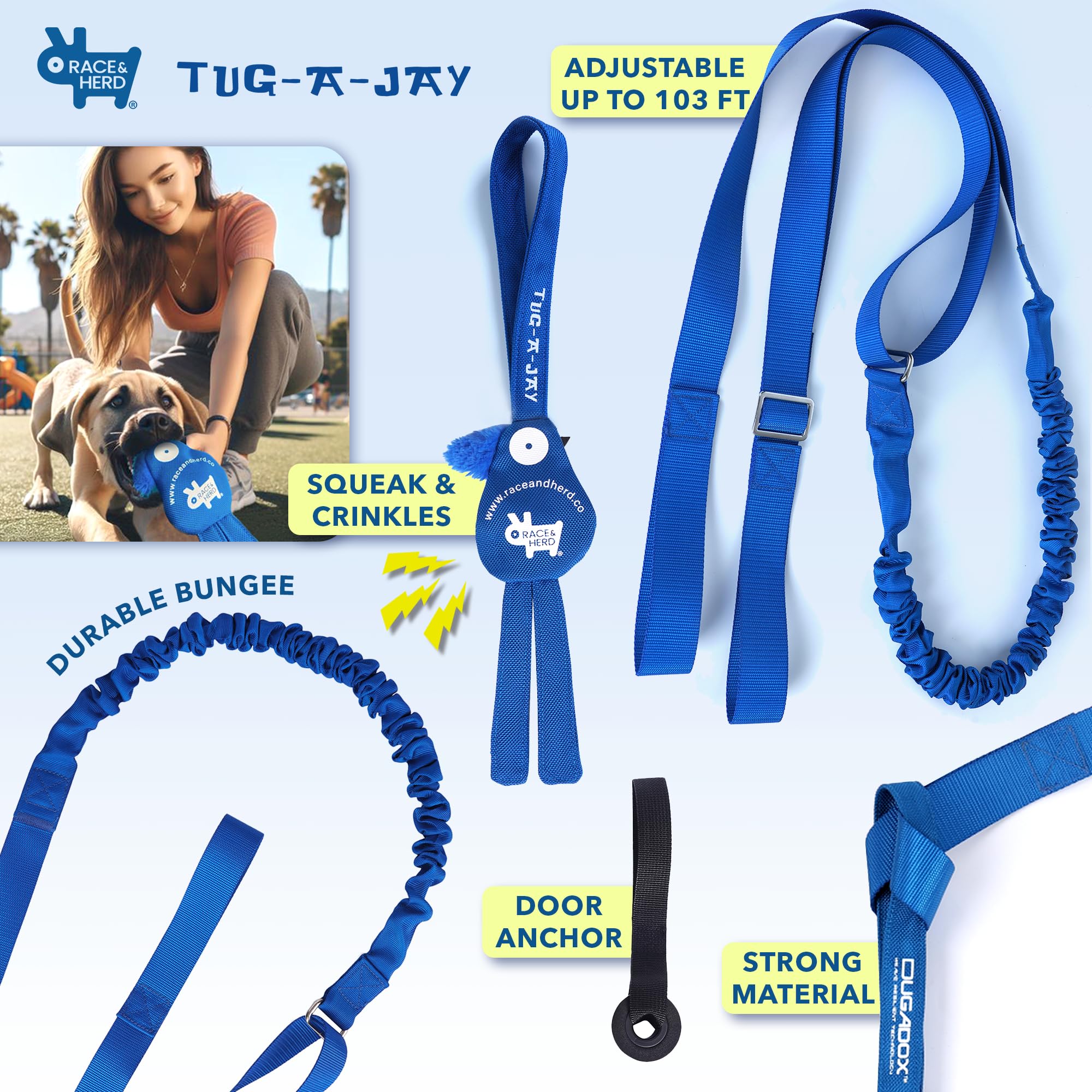 Race&Herd Tug-A-Jay blue rope in action for focused tug sessions.