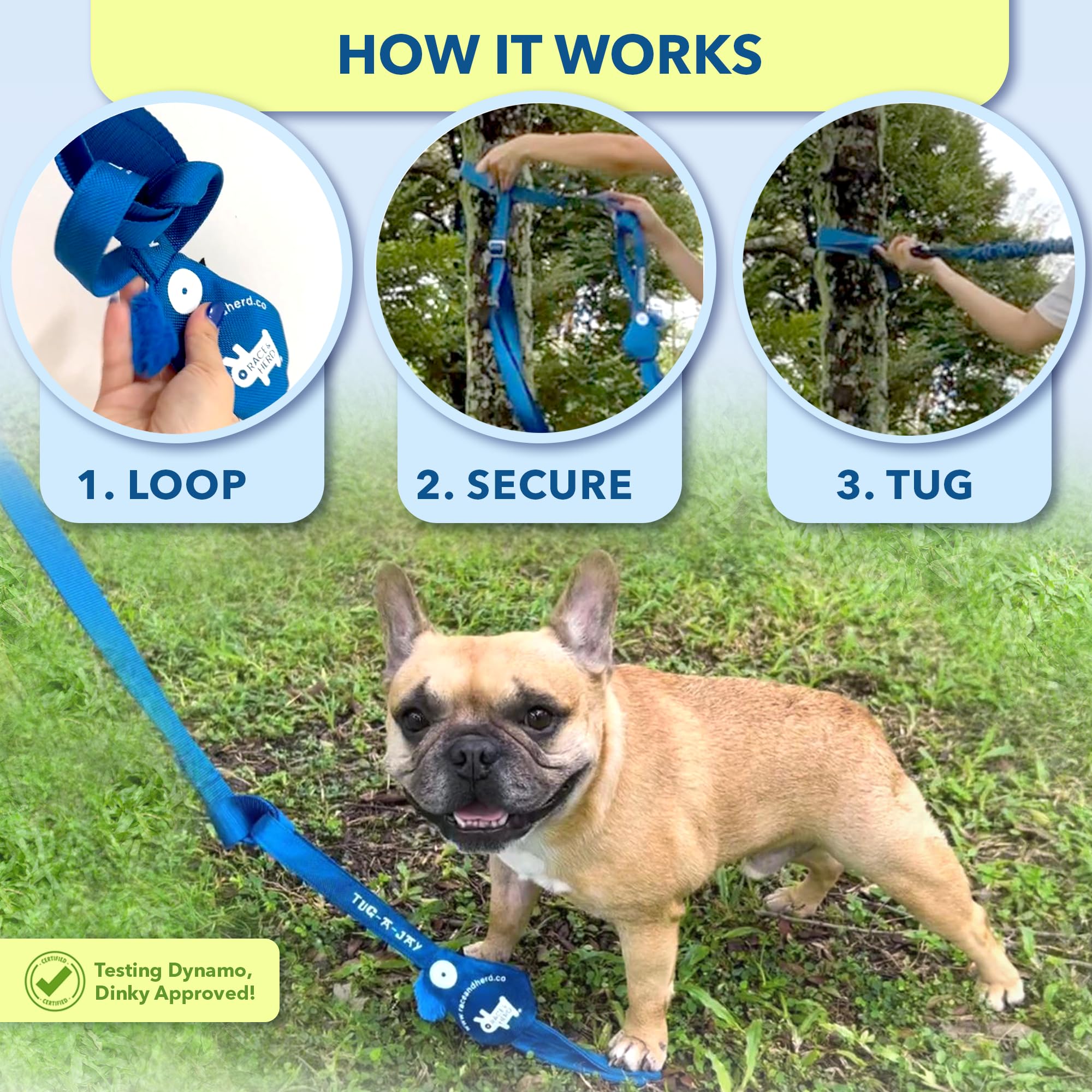 Race&Herd Tug-A-Jay hanging bungee toy supports solo yard play.