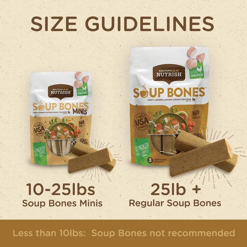 Rachael Ray Nutrish Soup Bones Minis dog enjoying chew, satisfying savory treat.