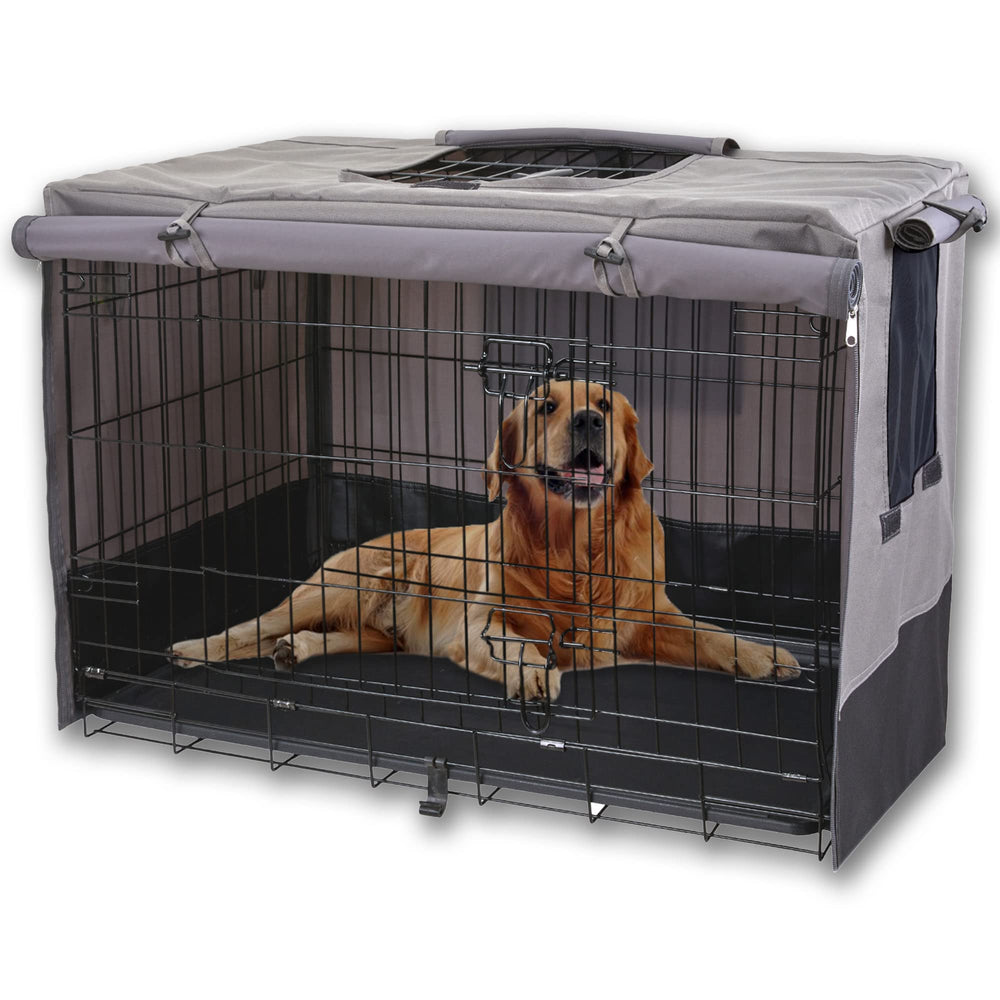 Rachmi privacy dog crate cover on a 48-inch crate promoting a cozy private space