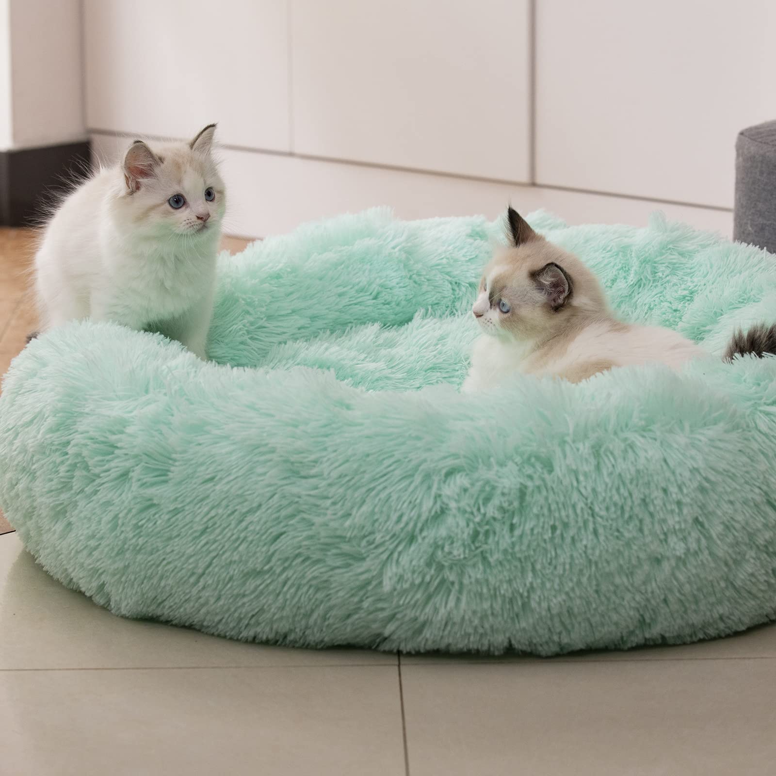 Raimaiso anti-anxiety round fluffy bed 20in close-up fur texture for plush comfort.